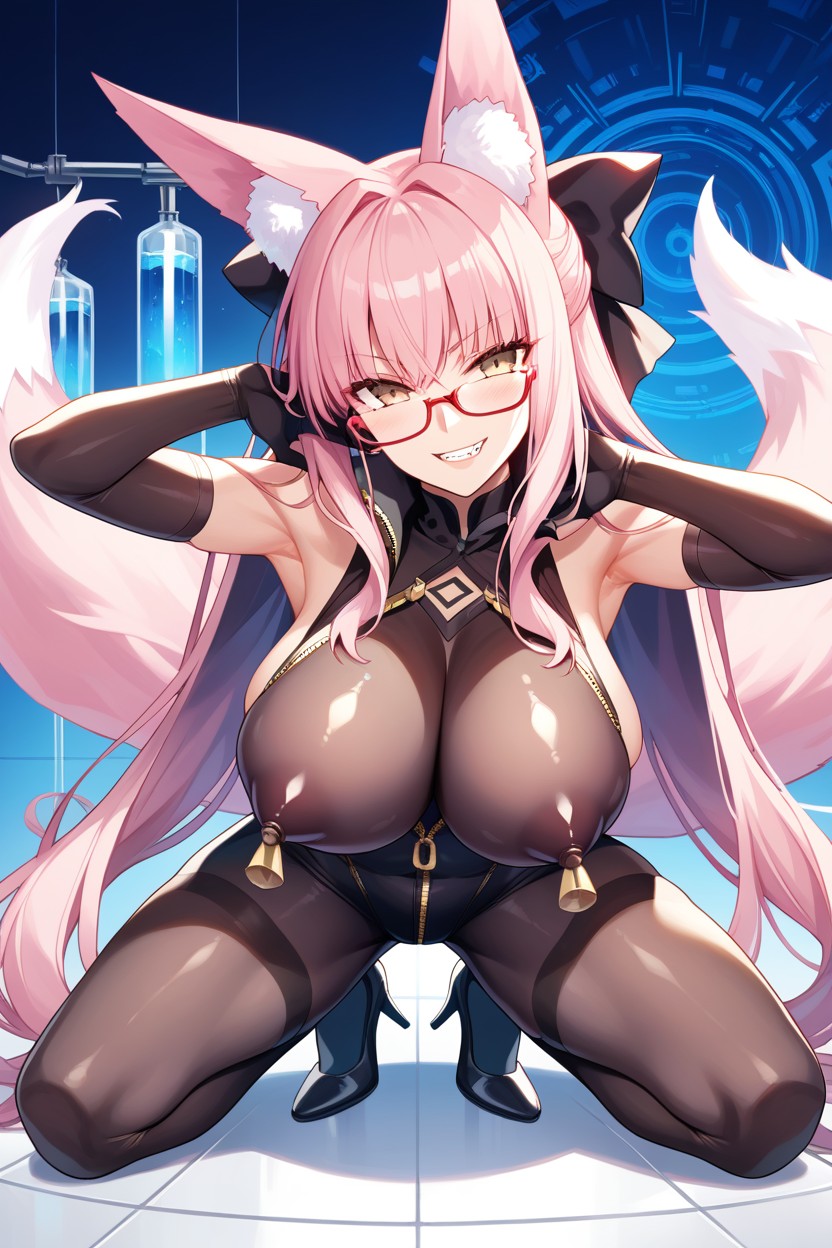 Girl, Hands Up, Pink Fox Ears Hentai AI Porn