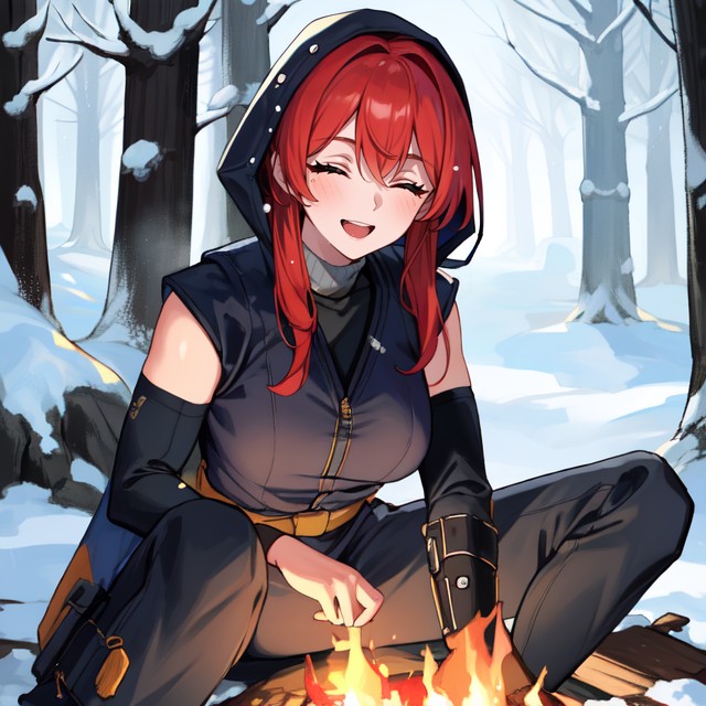 雪が降っている, Loveable Half Japanese Lass Sitting By A Campfire In A Pine Forest, Sleeveless Turtleneck SuitヘンタイAIポルノ