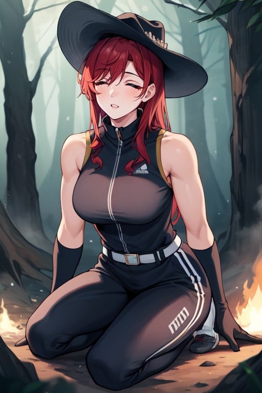 Loveable Half Japanese Lass Sitting By A Campfire In A Pine Forest, Serene Attitude, Athletic BuildAI黃漫