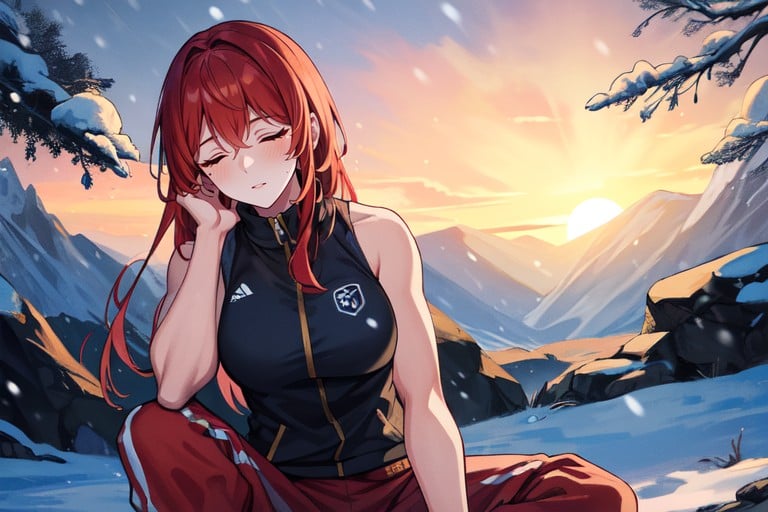 Loveable Half Japanese Lass Sitting By A Campfire In A Pine Forest, Serene Attitude, Wearing A Baggy Sleeveless TracksuitAI黃漫