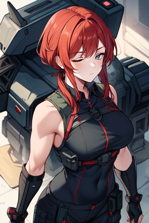 Sleeveless High Collared Flak Vest, Streamlined Design, Muscular Carbon Fiber Robot Arms Hentai AI Porn