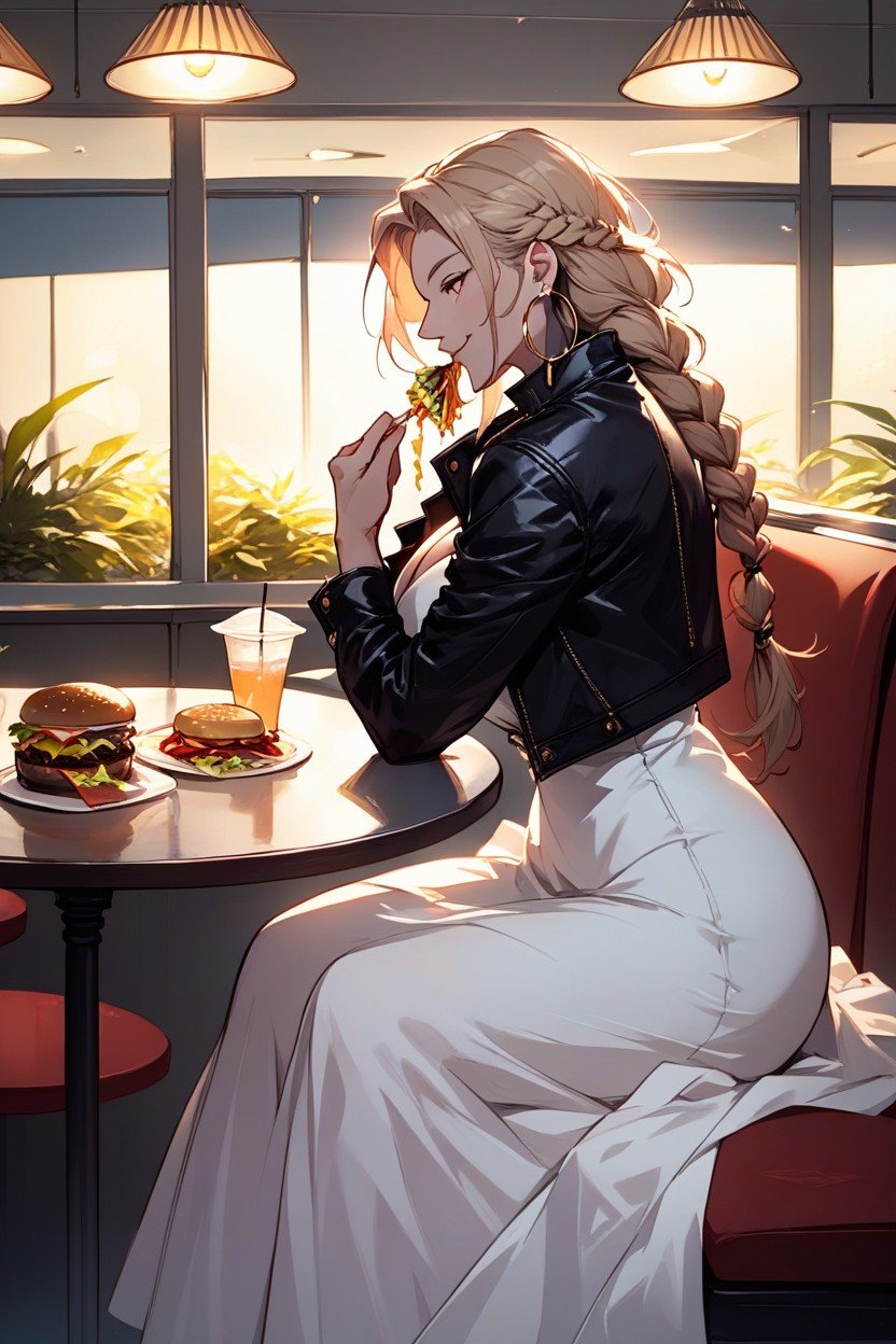 Woman, Eating X Burger, Black Leather JacketAIポルノ