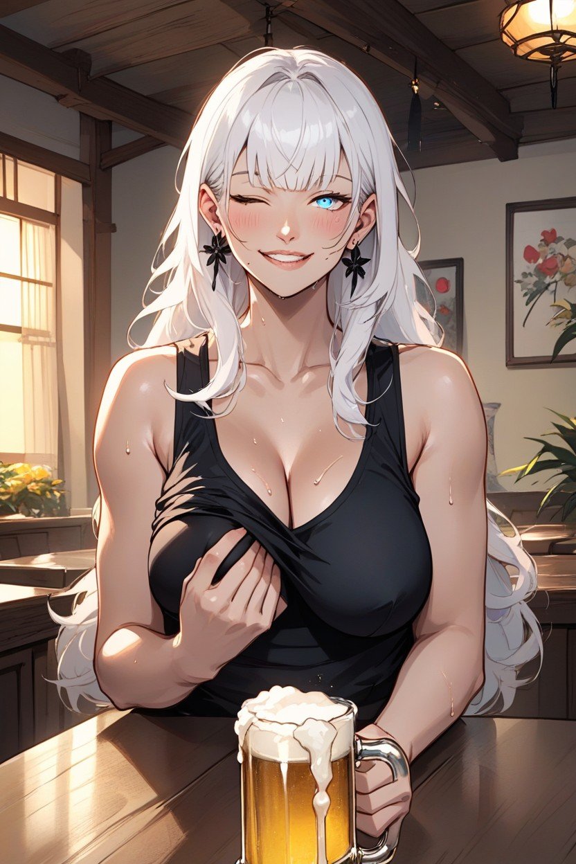 Front View, Sweating, White Hair Hentai AI Porn