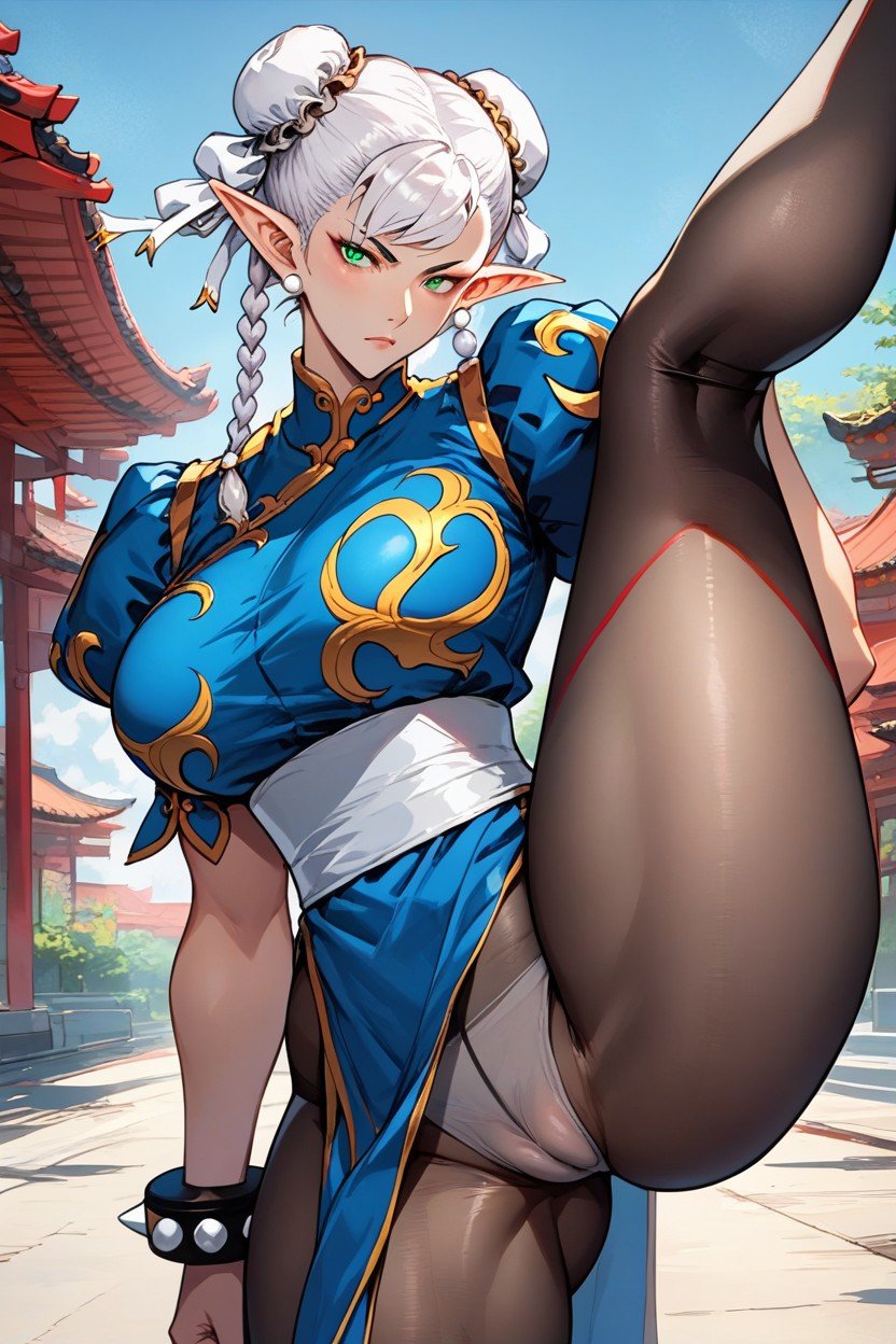 White Hairuse Cosplay Chun Li From Street Fighter, Hair With Four Colors, Thick Body Pornografia de IA