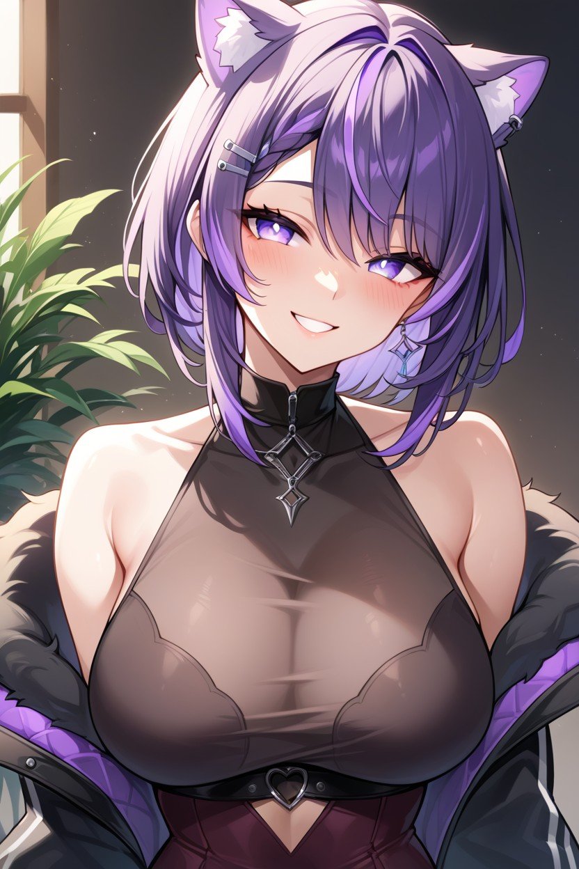 Purple Hair, Medium Breast, Mischievous (smiling While Blushing) AI Porn