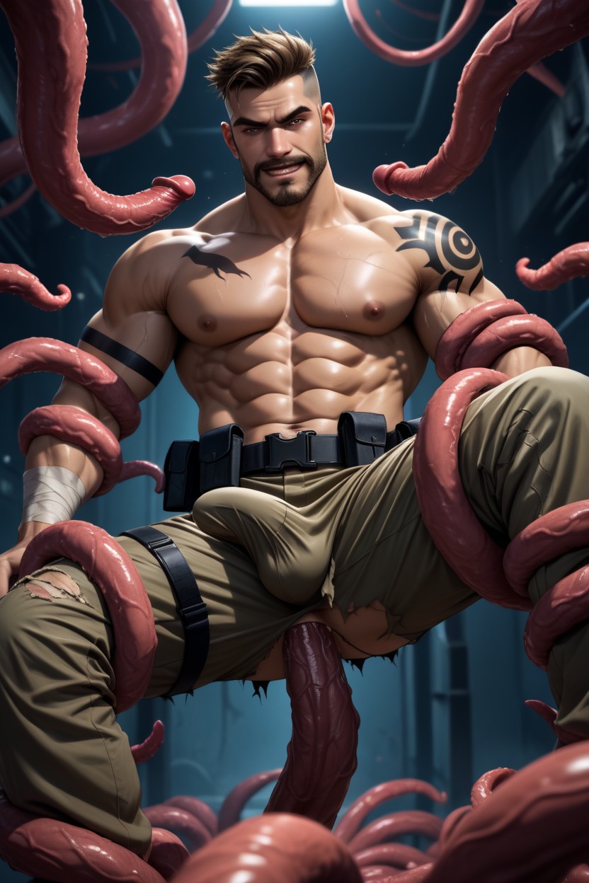 Arm Tattoo, Ripped Camo Pants With A Hard On Bulge, Ass Penetration AI Gay Porn