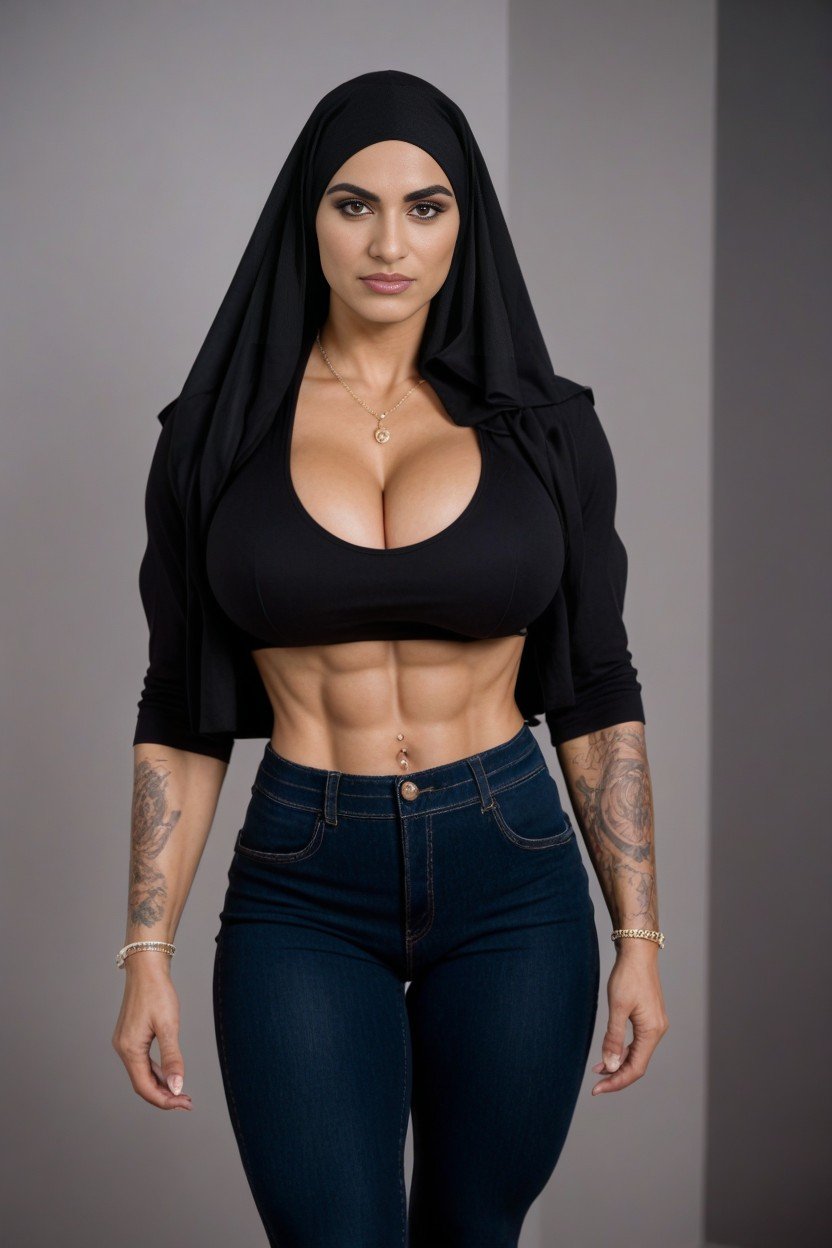 Extremely Muscular, Black Yoga Pants, Jeans Pornografia de IA