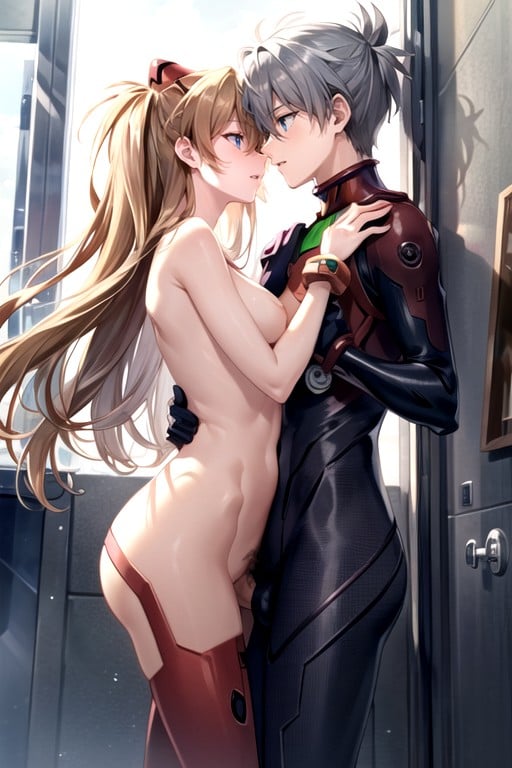 음모, 아스카 (에반게리온) , A Nude Man And Woman Kissing Passionately The Man On The Right Side Of The Frame Appearing To Be Kaworu Nagisa The Woman On The Left Side Of The Frame Appearing To Be Asuka Langley Soryu Both Figures Aroused And Exposedbreakno Clothing The Man Has An Erect Penisbreakthe Figures Are Embracing And Kissing The Camera Capturing Them In A Close Intimate Anglebreakthe Background Is Blurred And Indistinct The Focus On The Two Intertwined Naked Bodies헨타이 AI 포르노