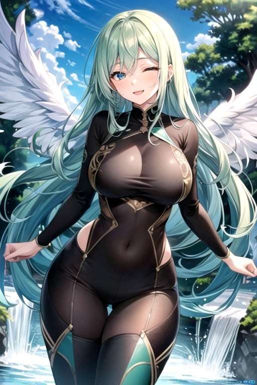 Looking At Viewer, Angel, While There Is A Waterfall In A Cloud In The Background Hentai AI Porn