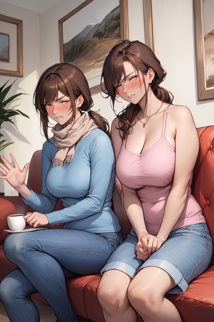 Two Women Sitting On The Sofa Together First Woman Mature Woman, Disgusted Face, Waving With His Hand Second Woman Woman Hentai IA pornografia