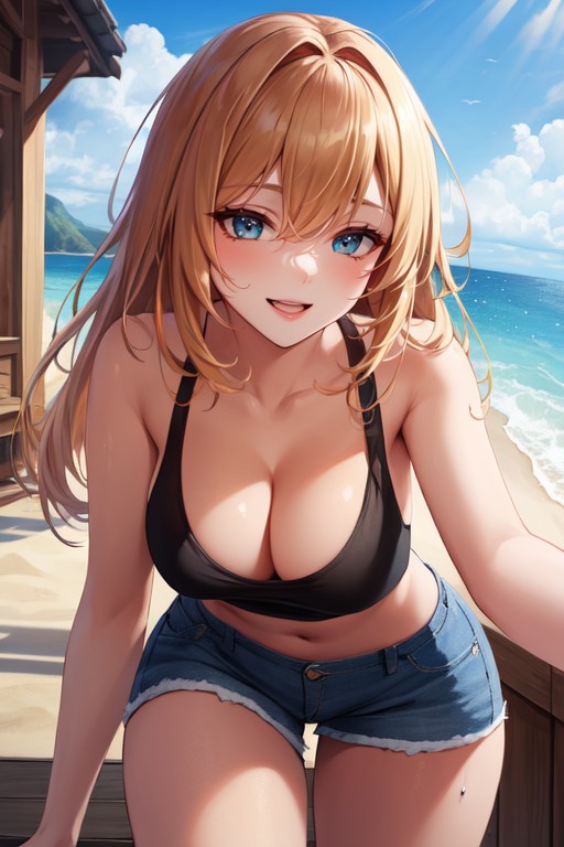 Woman Tan Skin Blonde Hair Red And Orange Striped Tanktop Jean Shorts Black Stockings On A Beach Big SmilePorno AI