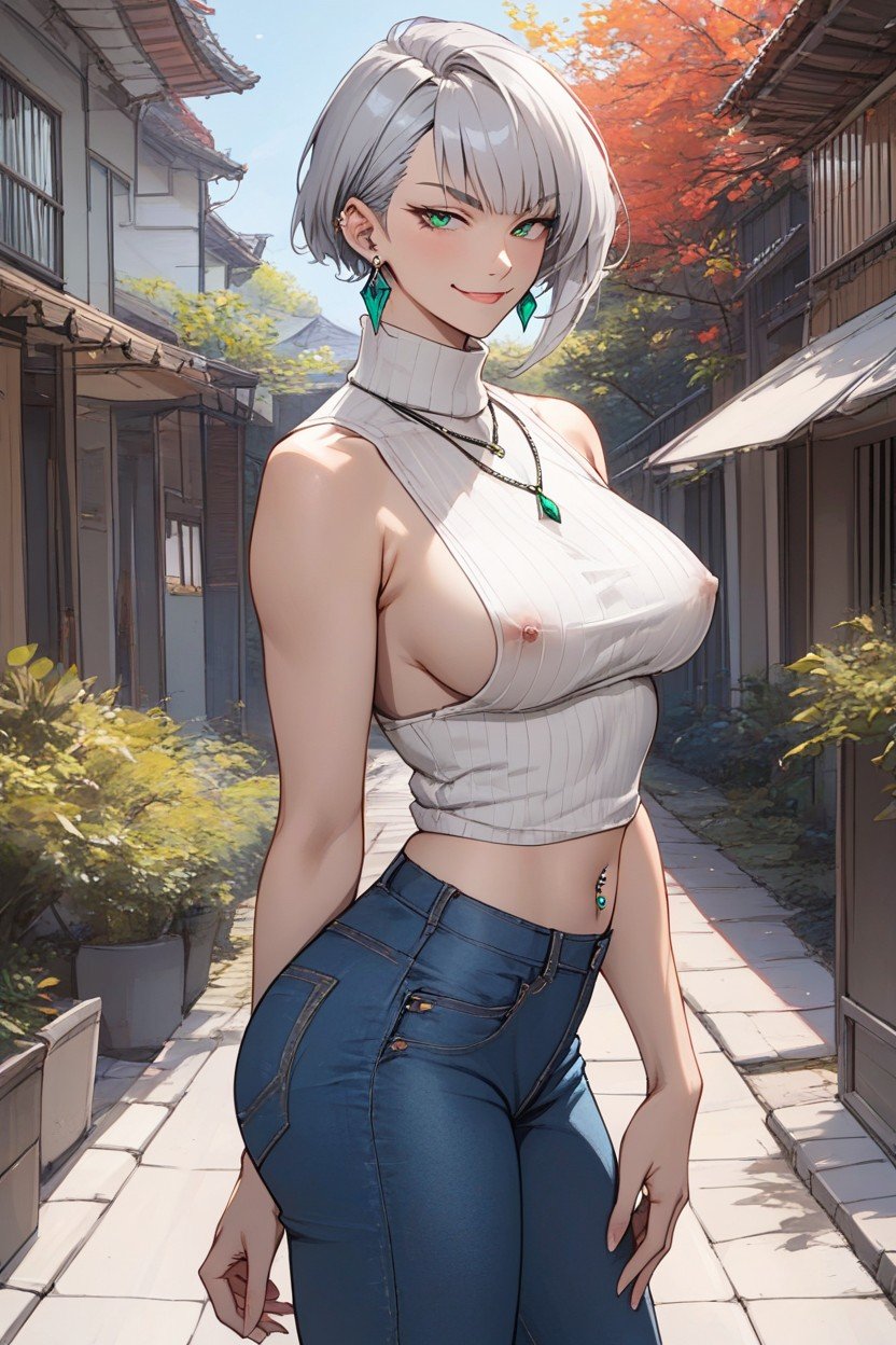 White High Neck Sleeveless Sweater, Sidewalk, Earrings Hentai AI Porn