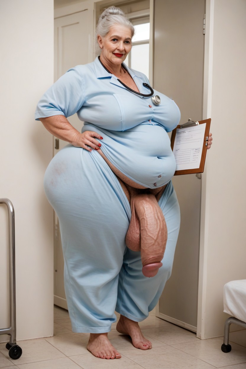 Grinning, Standing In Hospital, 60+ Shemale AI Porn