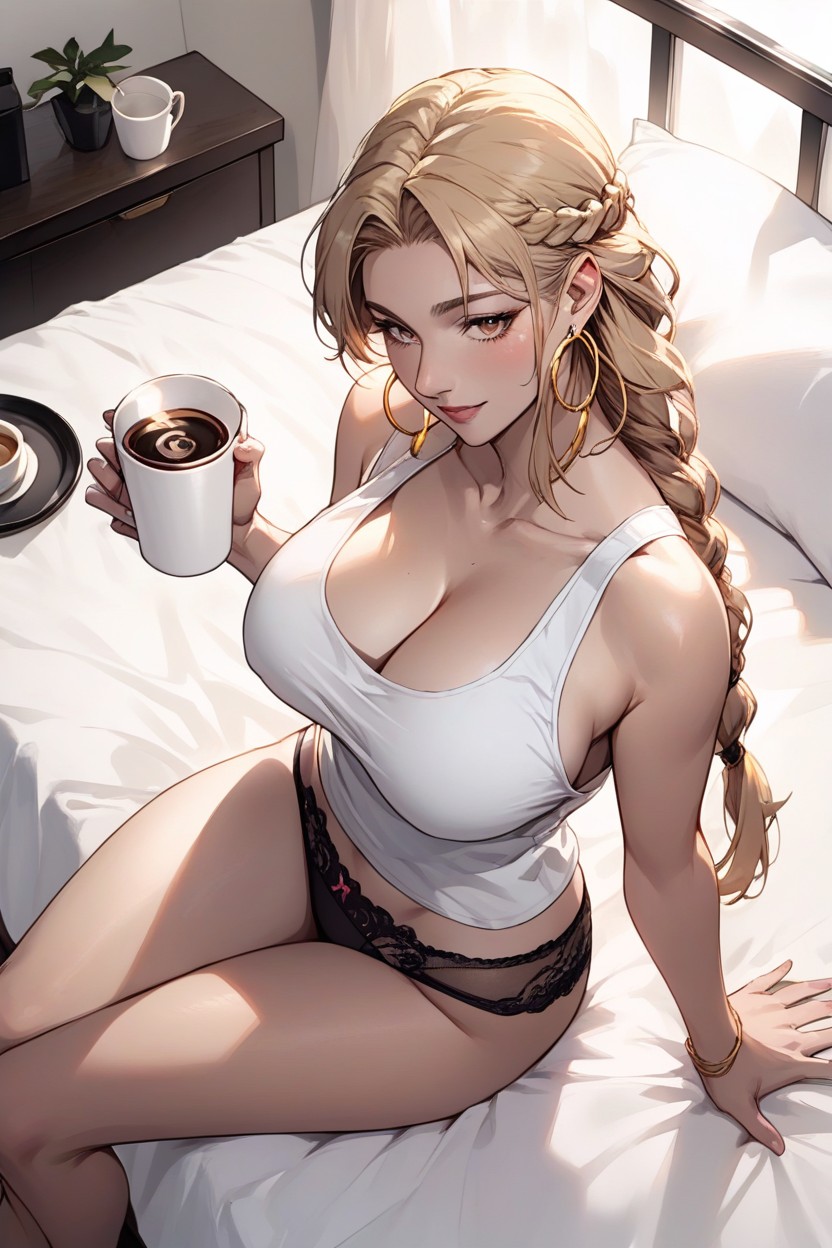 Black Lace Panties, Big Breasts, Drinking CoffeeヘンタイAIポルノ