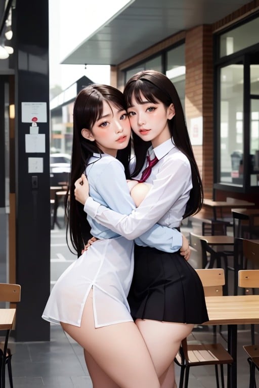 Two Girls Hugging, Extremely Large Ass, Cafe AI Porn