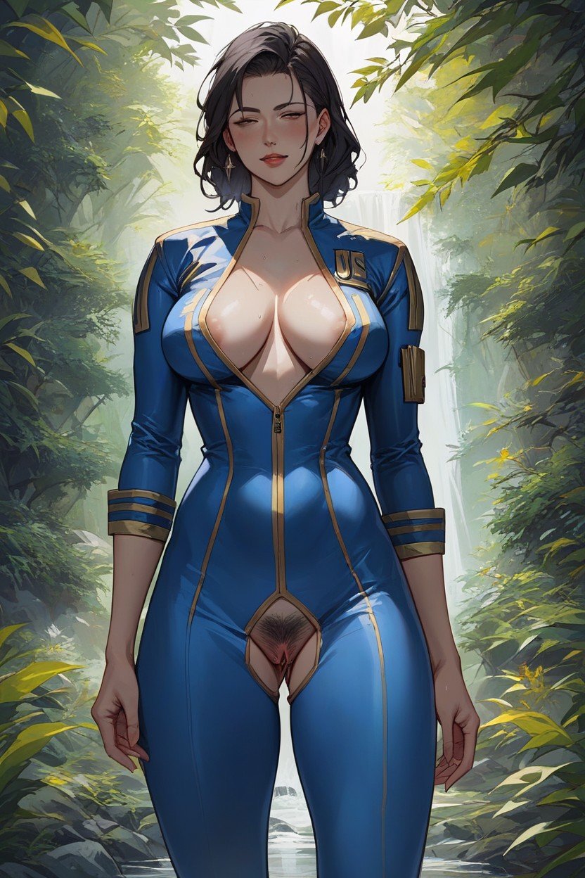 We Can See A Big Cleavage With Polies And And Green Hairy Pussy Bush, Vault Woman Opening Her Vault SuitAIポルノ