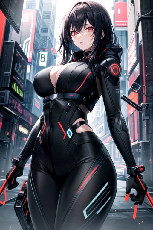 Cyberpunk Goth Woman Futuristic Hoodie Cybernetic Arms Glowing Eyes, 빨간색AI 포르노