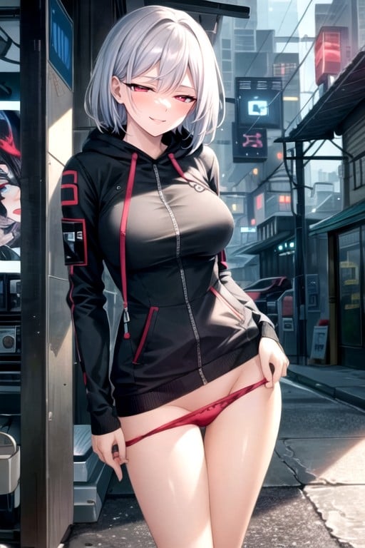 红色眼睛, Cyberpunk Goth Woman Futuristic Hoodie Cybernetic Arms Glowing Eyes, 发骚AI黄片