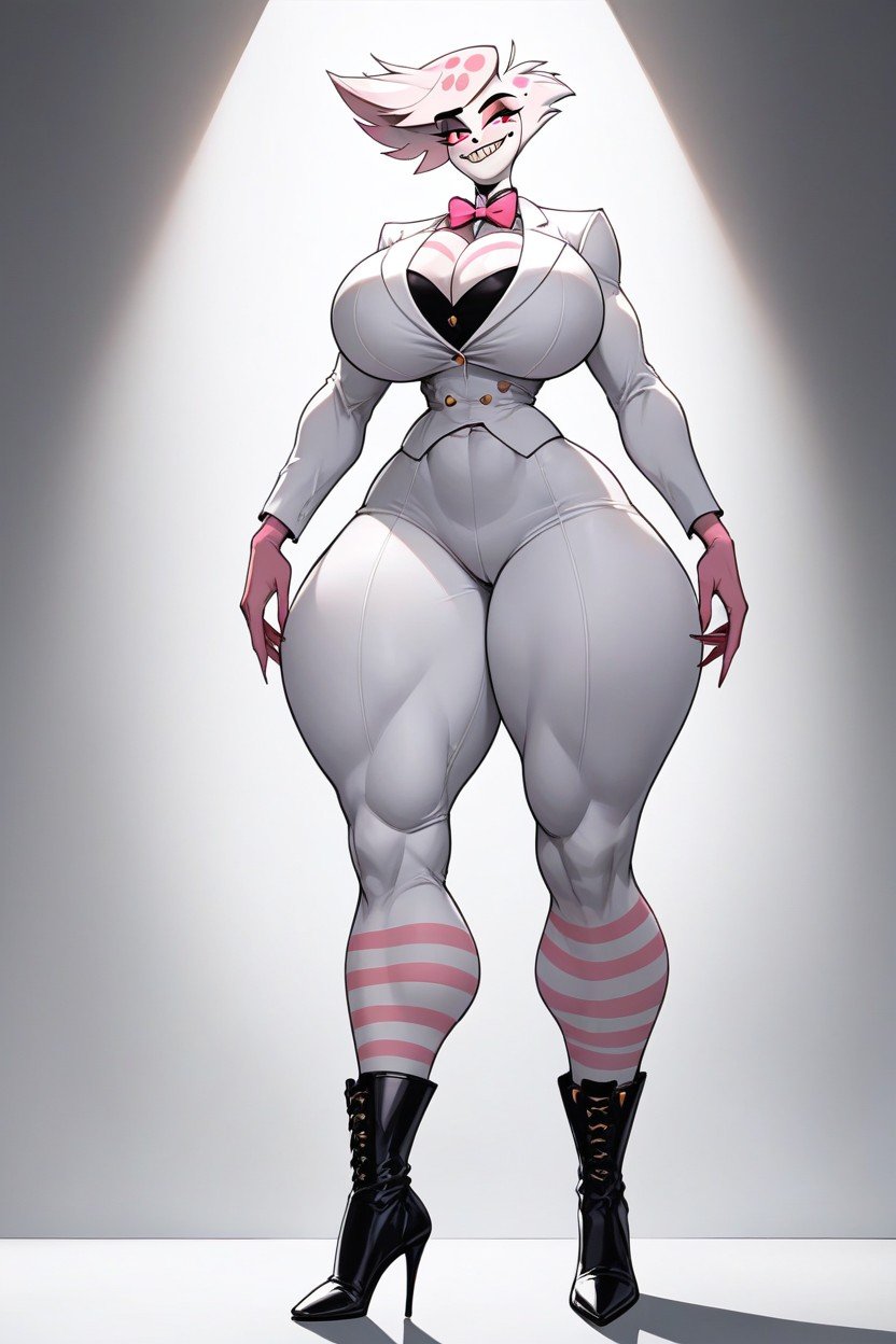 Large Bust, Perfect Figure, Default Costume Tight At Boobs And Asswhite Suit With Pink Stripes퍼리 AI 포르노