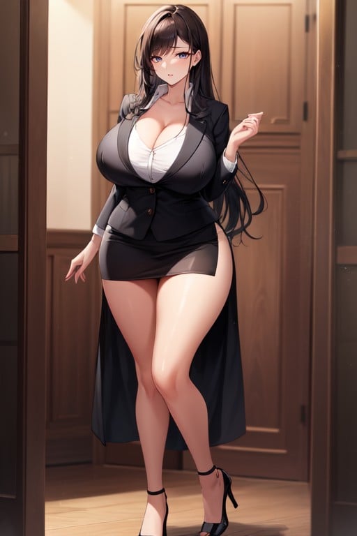 Full Body, Tight Black Matching Blazer Showing Off Lots Of Cleavage, Curvy AI Porn