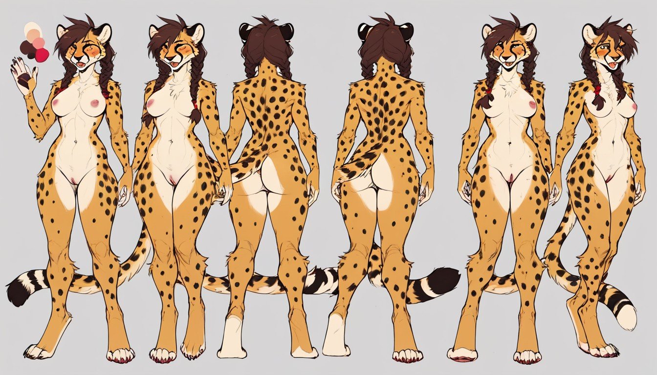 Furry Female Cheetah, Reference Sheet, Pink Pussy Pornografia peluda com IA