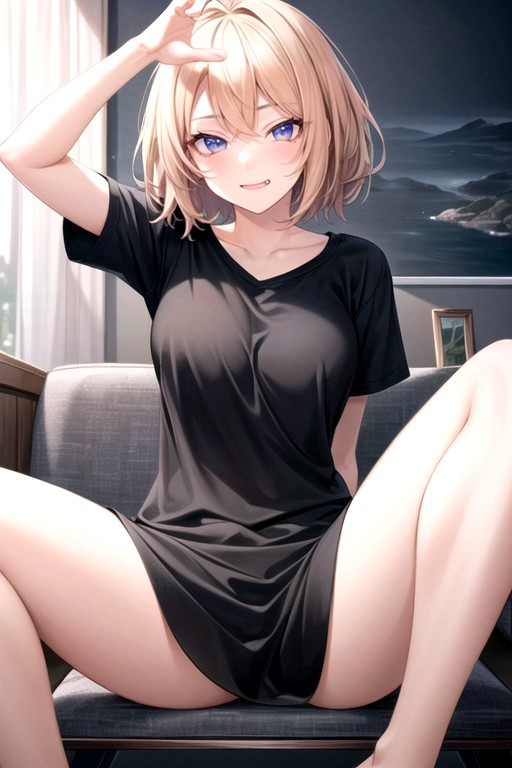 Sitting Down Legs Spread, Short Sleeves, Wink AI Porn