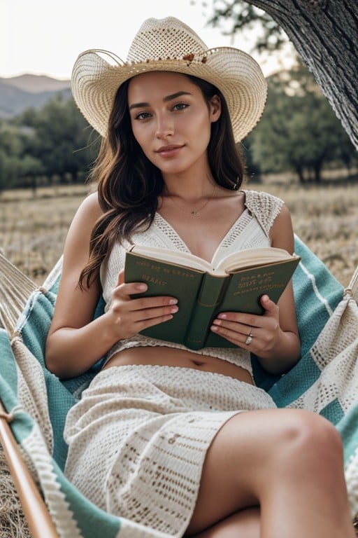 Reading A Book By The Ranch, Hand Gesture To The Viewer To Come Here, Holding The Book Pornografia de IA