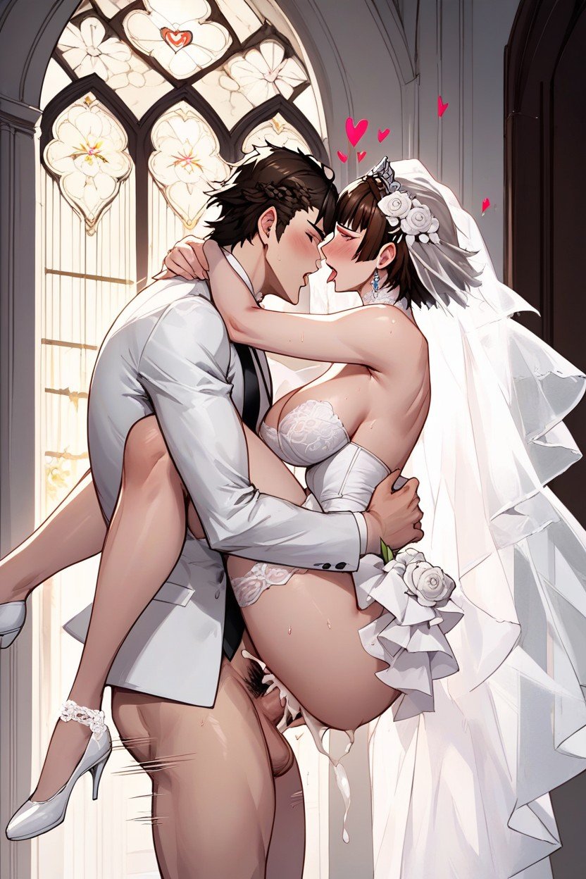 White Lace Panties Around Left Ankle, Wedding Dress, バウンスラインAIポルノ