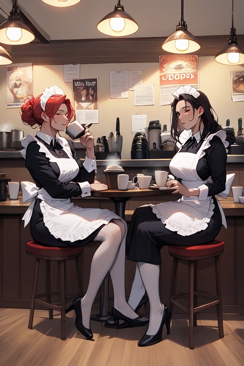 A Maid Waitress Comes To The Table To Help With The Coffee, 2 Человека, A Man ИИ порно