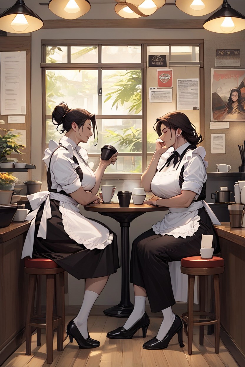 Café, Sitting In A Coffee Shop, 2 PersonasPorno AI