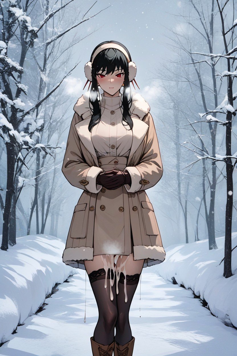 Black Wool Glove, Standing In Snow, Excessive Cum Dripping Out From PussyAI 포르노