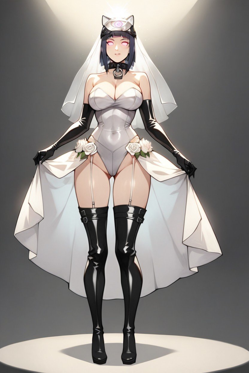 Hinata Hyuuga From Naruto, Wearing Wedding Dress, Wearing Black Leather Thigh High Boots Hentai IA pornografia