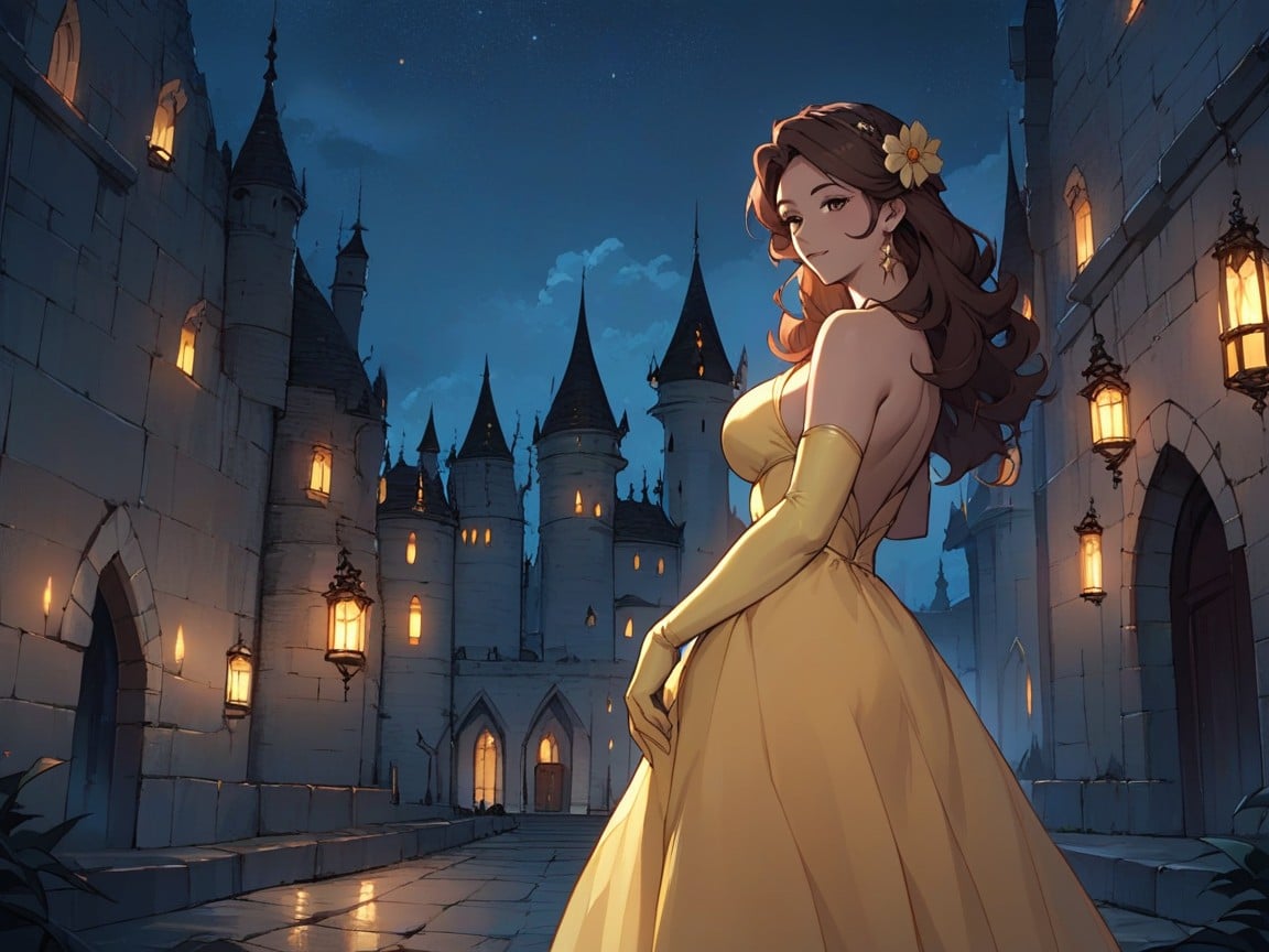 Dimly Lit, Night, Disneys Princess Belle Pornografia de IA