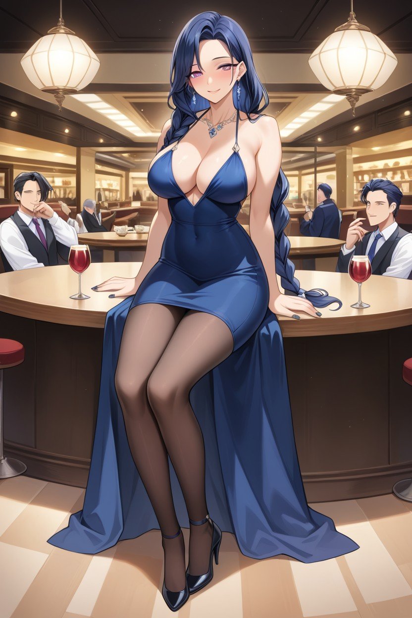 Restaurant, Dark Blue Hair, Dark Blue Earing Diamond Shape AI Porn