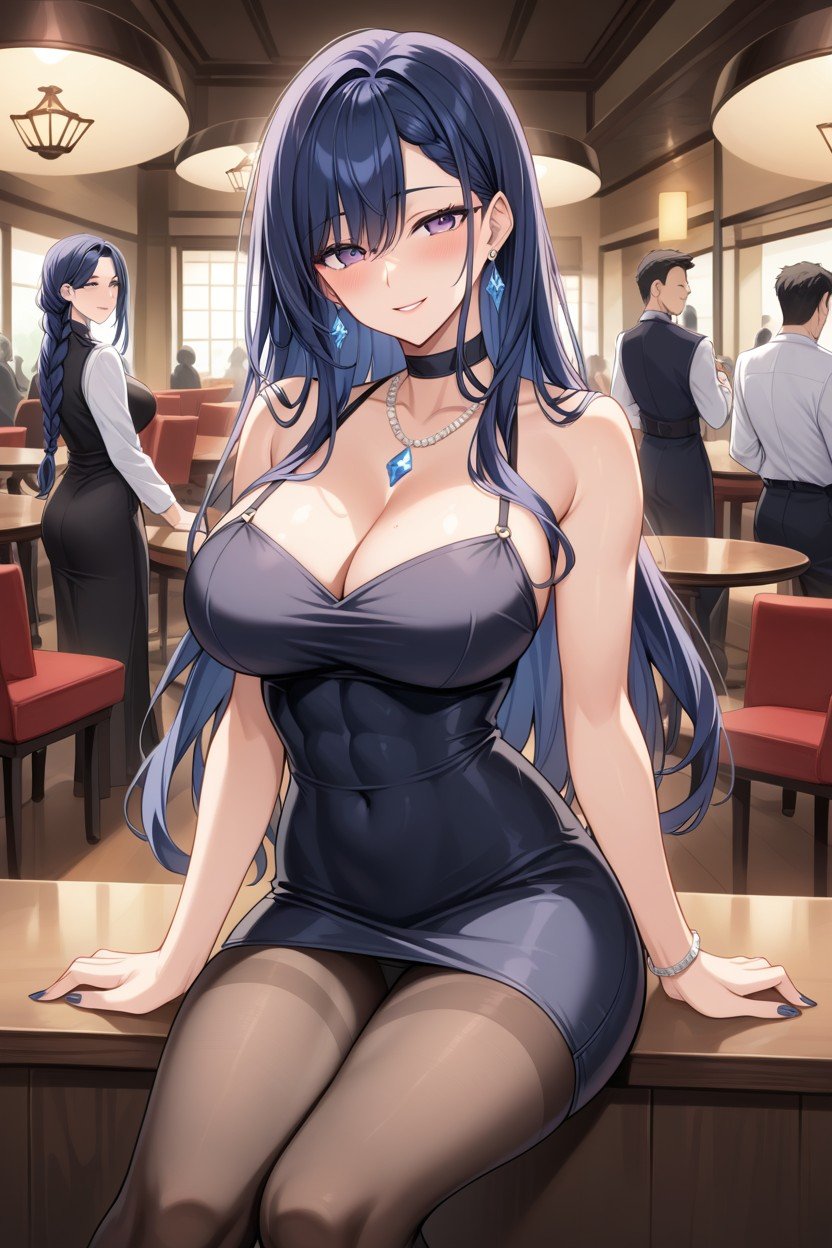 Dark Blue Hair, Long Length, Black Dress AI Porn