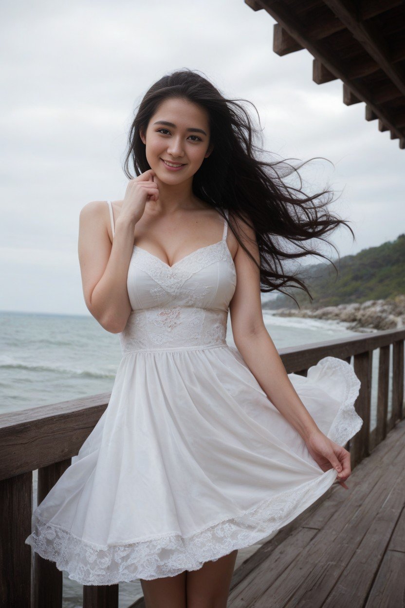 Sea In The Background, Standing On The Pier, Front View人妖AI色情