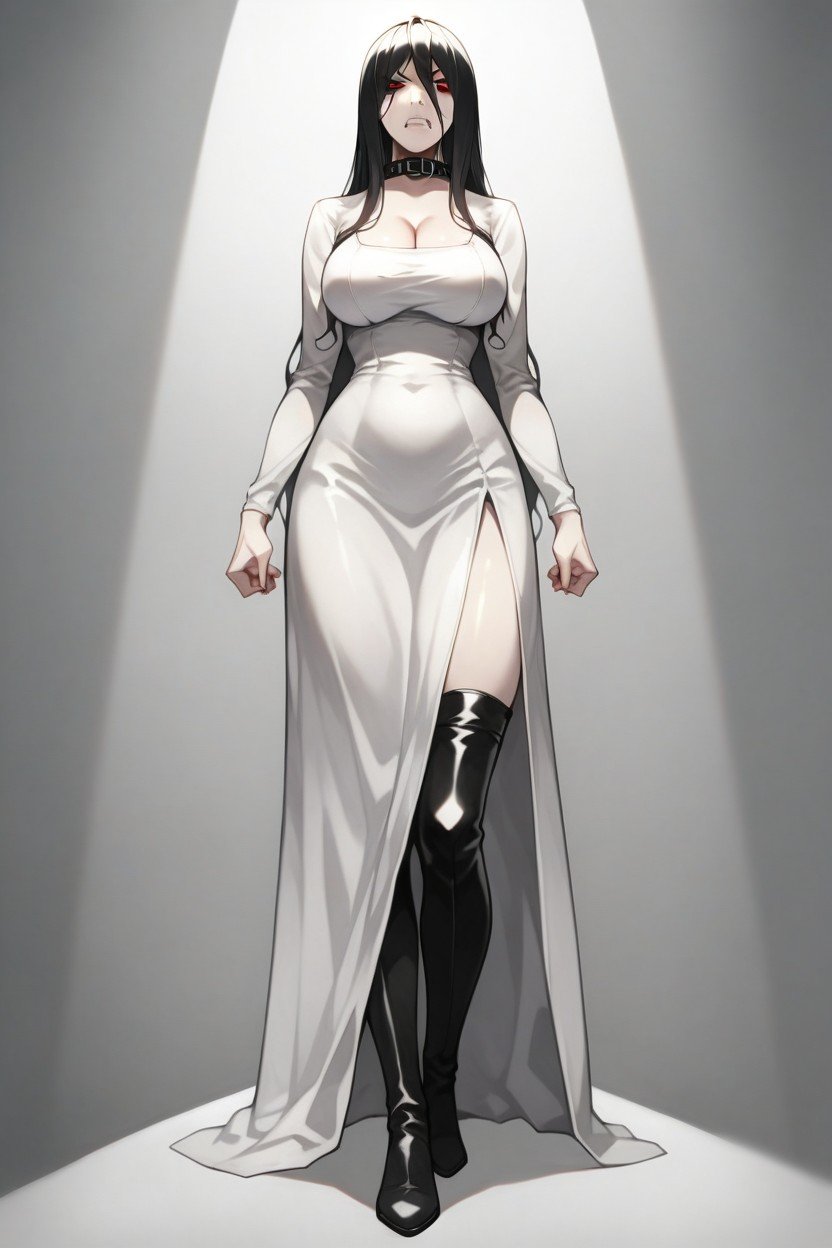 Nervoso, Wearing A White Dress, Wearing Black Leather Thigh High Boots Pornografia de IA