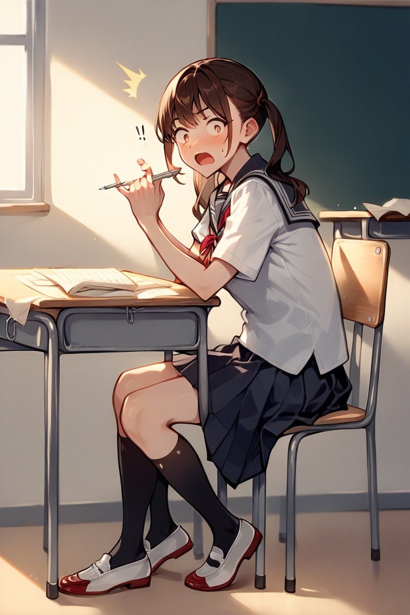 Brunette, Sideview, Doing HomeworkAIポルノ