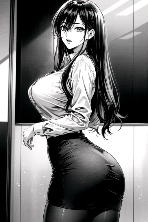 Wearing Pencil Skirt Office Lady, 长发, 黑白漫画AI黄片