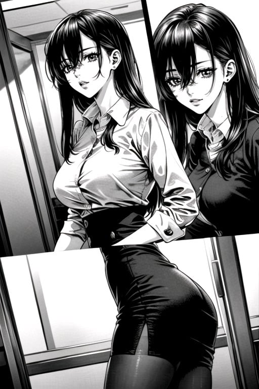 Manga (noir Et Blanc), Chemise De Bureau, Wearing Office ShirtPorno IA