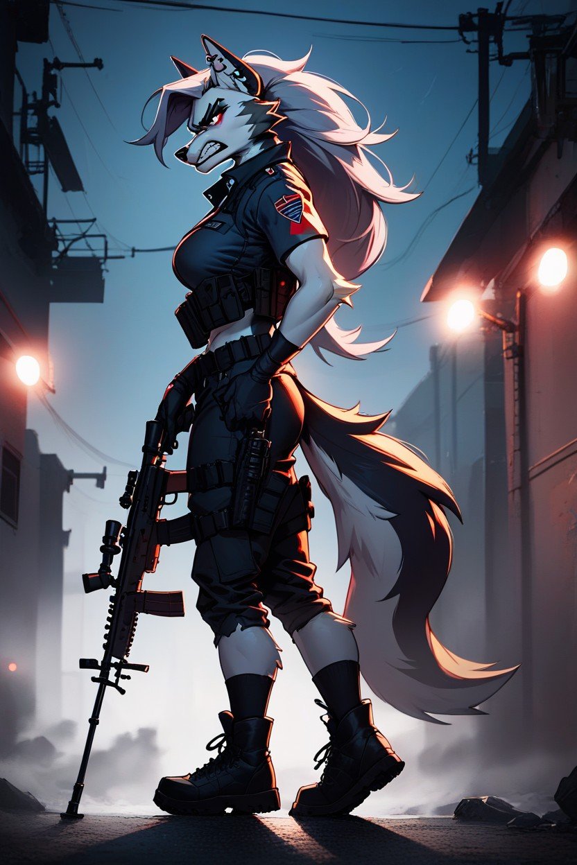 Cuerpo Completo, She Grabs A M Rifle, Vista LateralPorno AI Furry