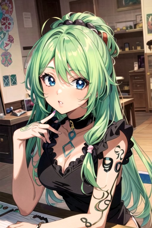 Braided, Green Hair, Blue Eyes AI Porn