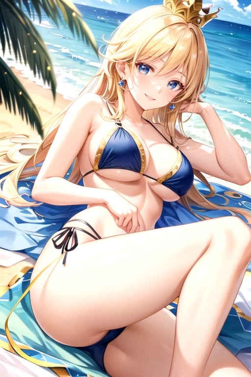 Lying On A Tropical Beach On The Sand, Smiling, Princess Rosalina Posing In A Light Blue Elegant Thong Bikini With Gold TrimmingsAI 포르노