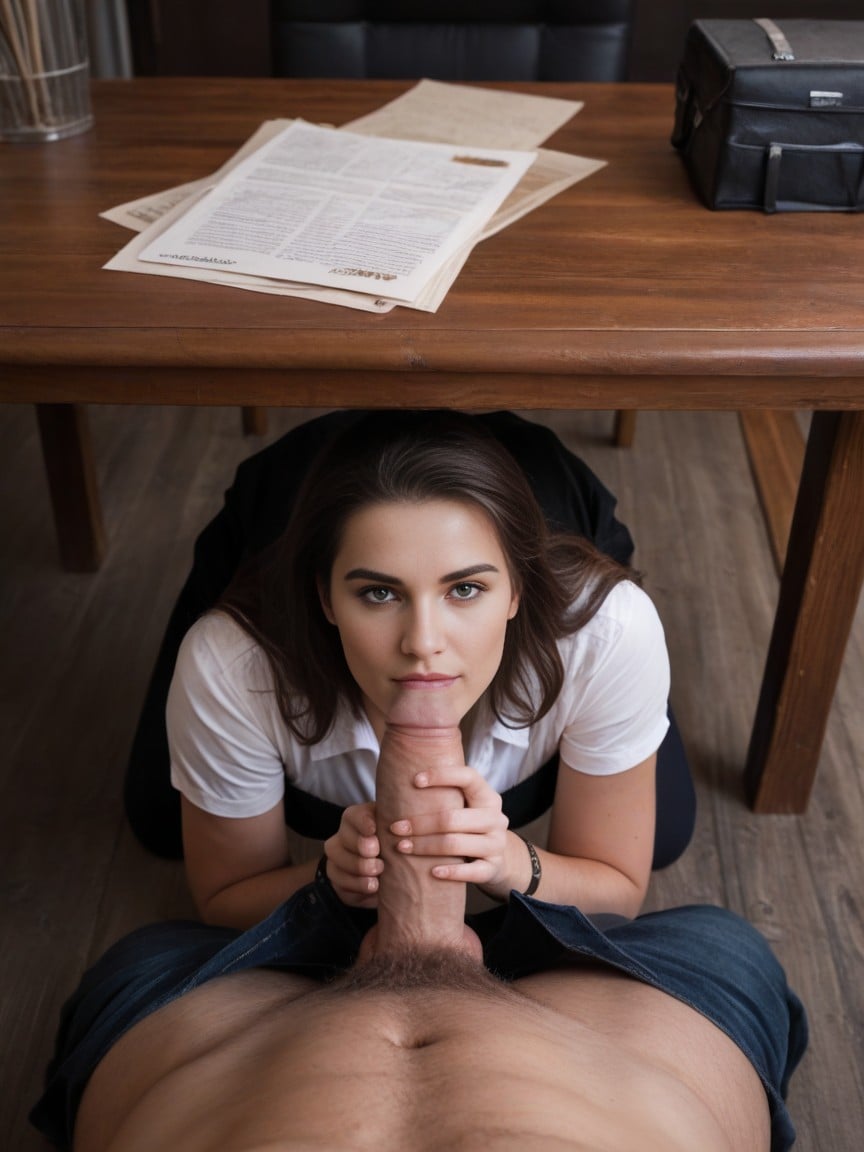 귀여운 얼굴, Man Laying Facedown On Top Of Milking Table With Large Penis Going Through Hole In Table, Brunette Woman Kneeling Under A Milking TableAI 포르노