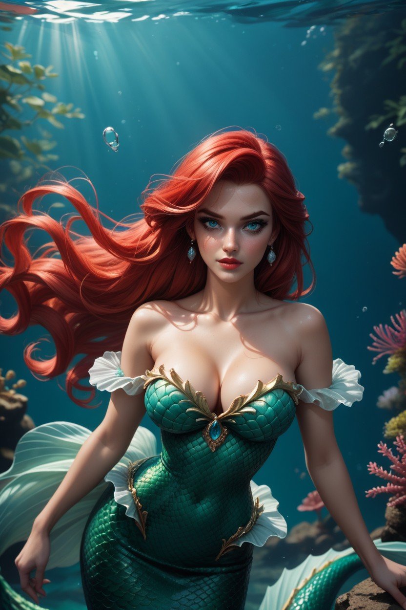 Ariel From The Mermaid Red Hair, Green Scales, Blue EyesAIポルノ