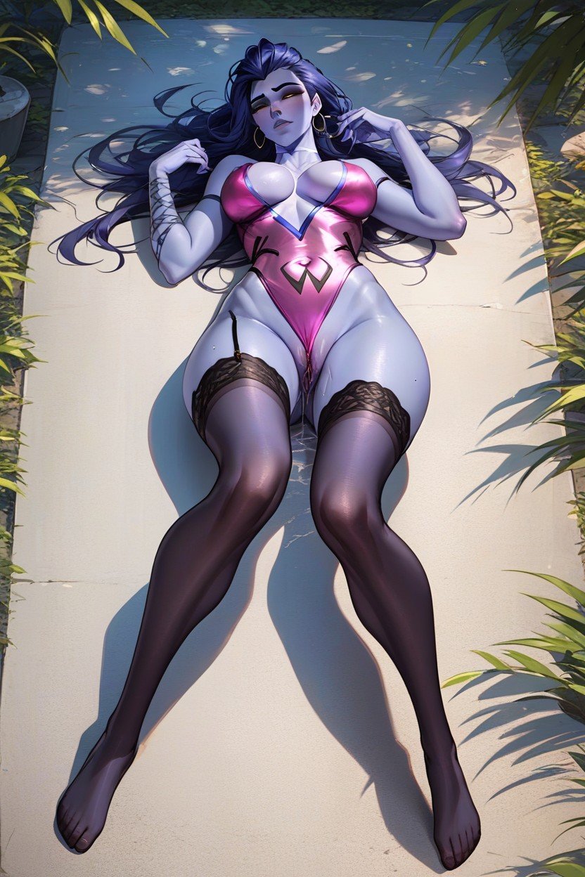 Widowmaker Purple Skin Large Ass Large Breasts Wide Hips Black Stockings Pussy Juice, 側躺, 單人圖AI黃片