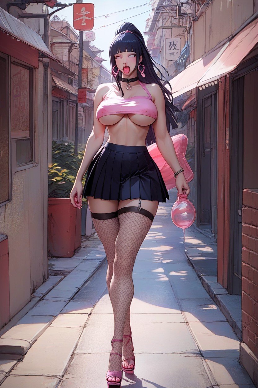 Extremely Pink Pleated Skirt, Nipple Poking Thru Top, Pink Tube TopAIポルノ