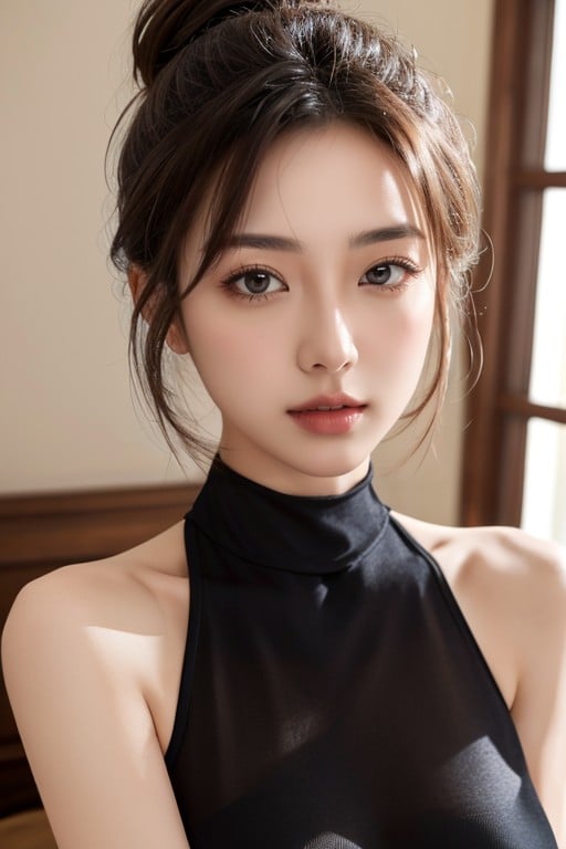 She Is Japanese, Messy Bun Hair And An Aphrodisiac Addict Who Wears A Mockneck Ultra Sleeveless Out Bodycon Dress Made By Sheer Nylon Fabric As The Outfits, Ultra Crisp FaceAI黄片