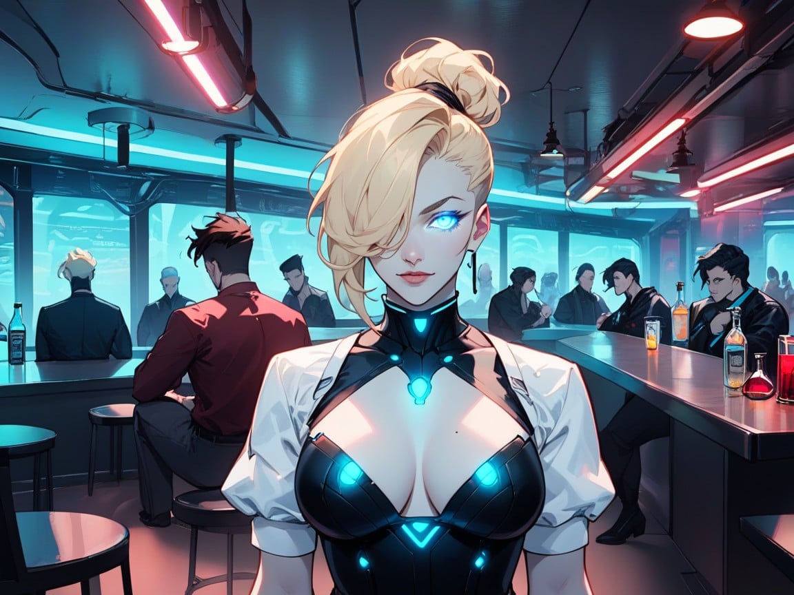 Hair Covering Eye, Futuristic Bar Setting, Slender FigureAI黃片