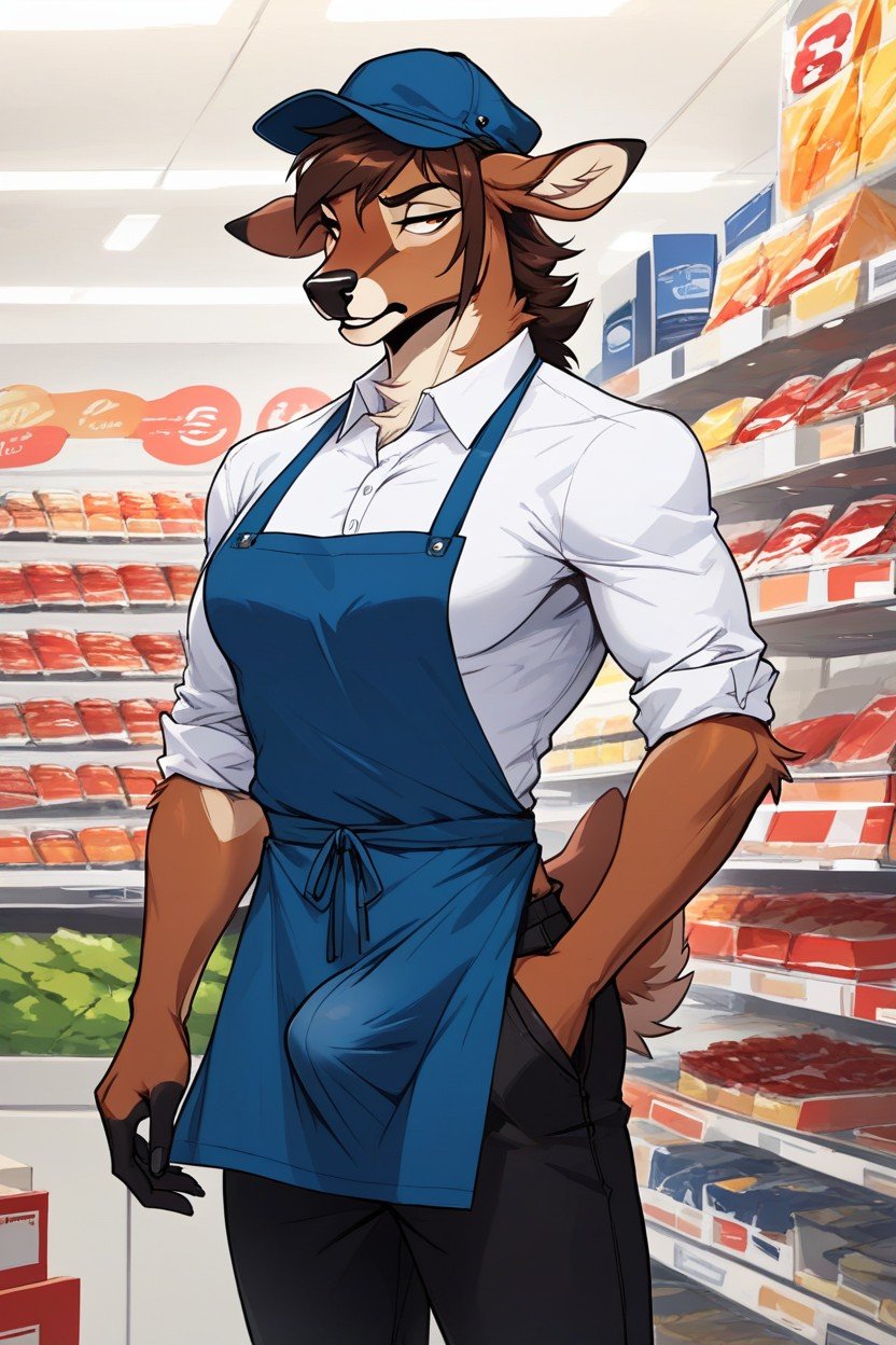 Convenince Store Worker, White Shirt, Behind Counter Furry AI Porn